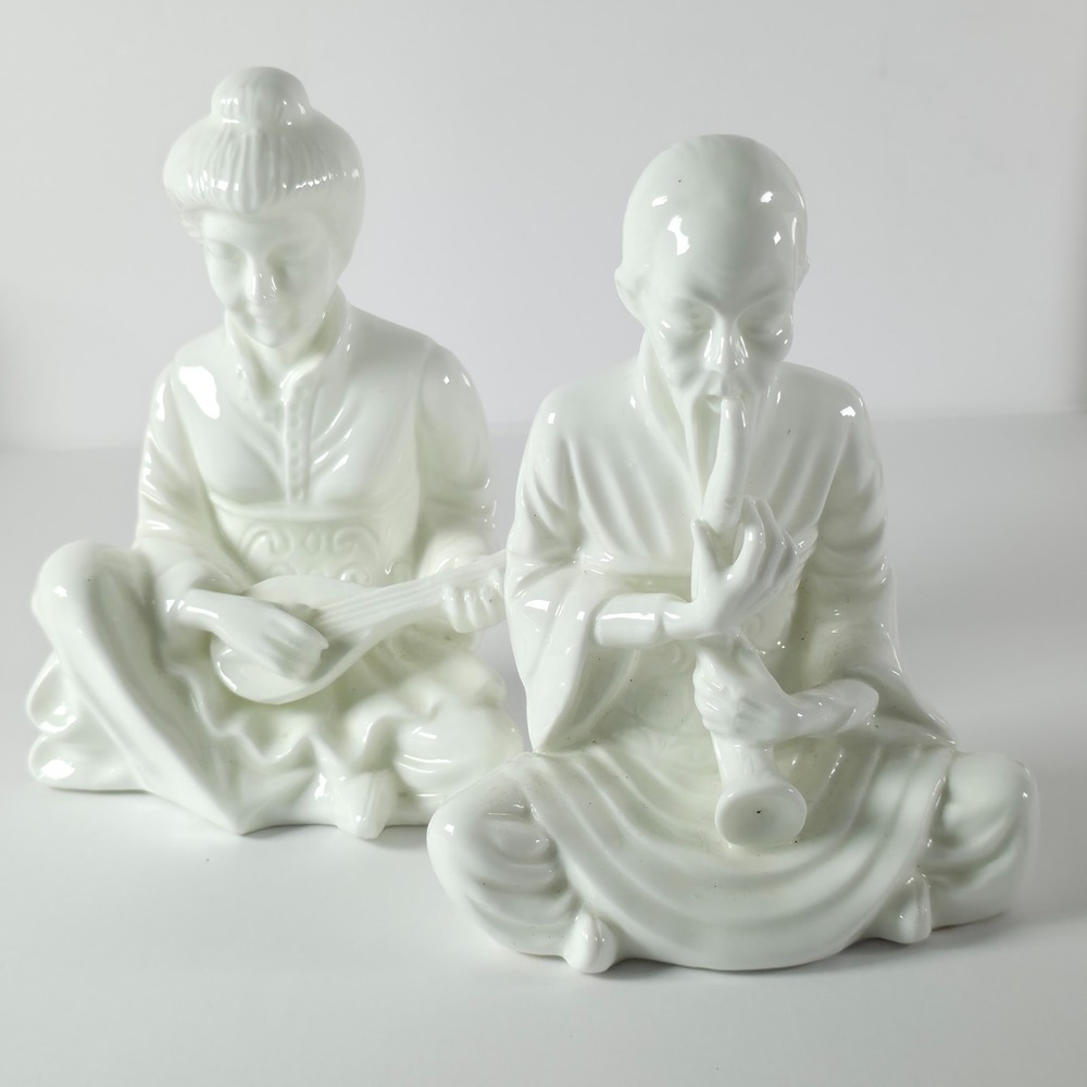 Vintage Asian Figurines Pair Musician Porcelain White Bone China Taiwan Decor